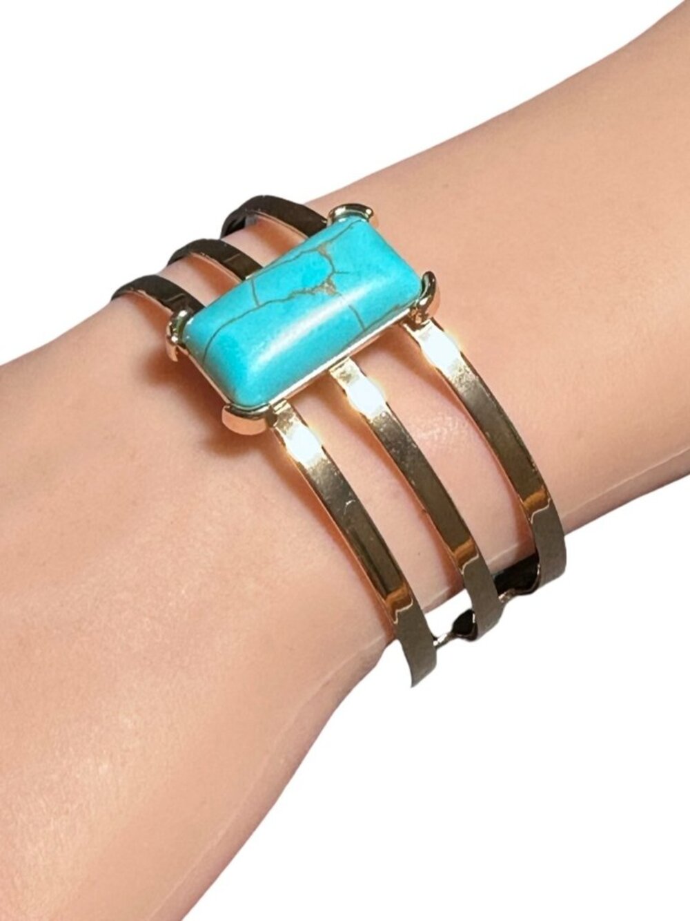 Triple Stripe Cuff Bracelet Gold Tone Blue Stone Center Southwestern Style Women